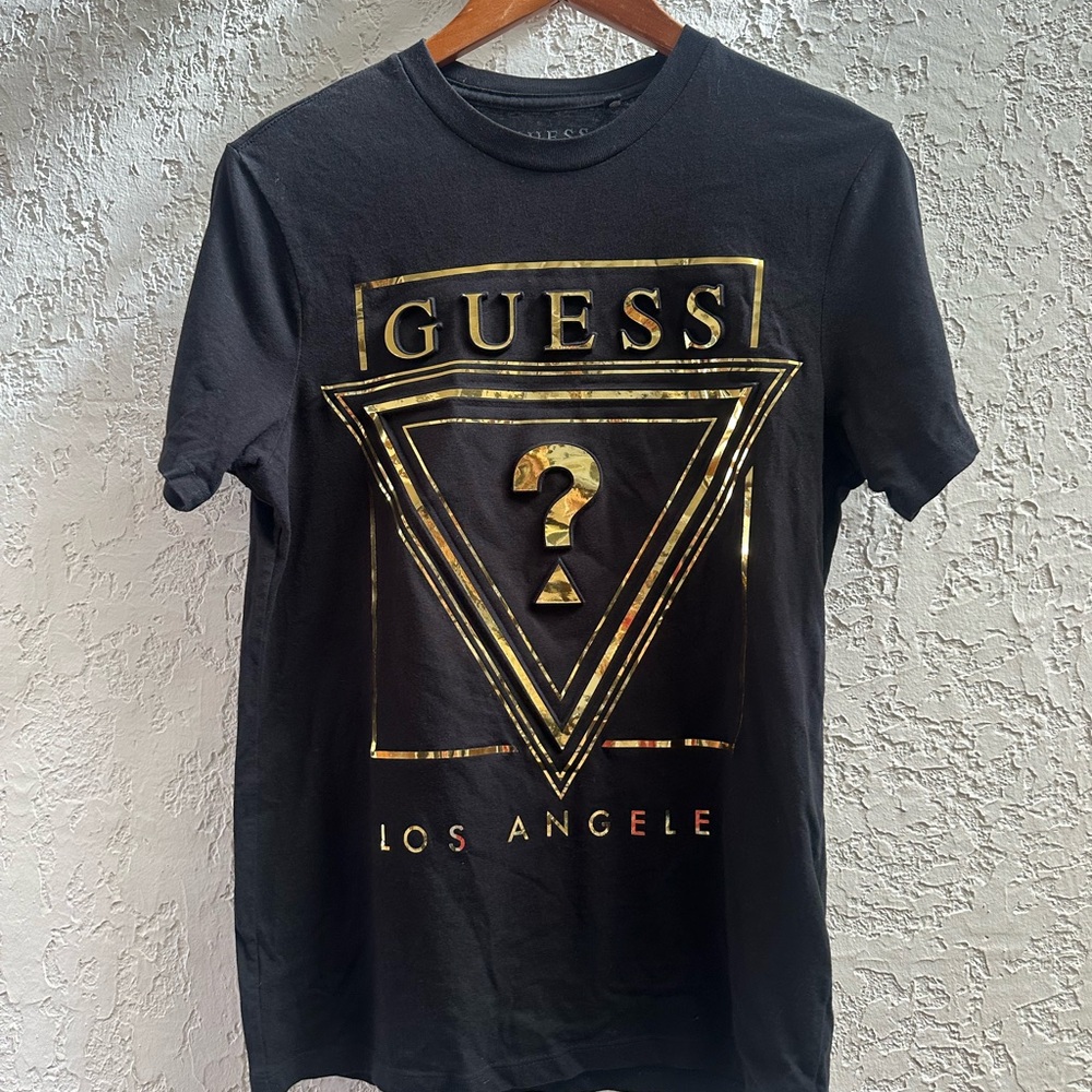 GUESS Men's Black Tee with Gold Logo